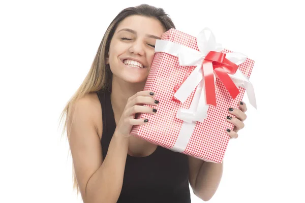 Молодая Красивая Женщина Подарочной Коробкой Изолированные Белом Фоне — стоковое фото