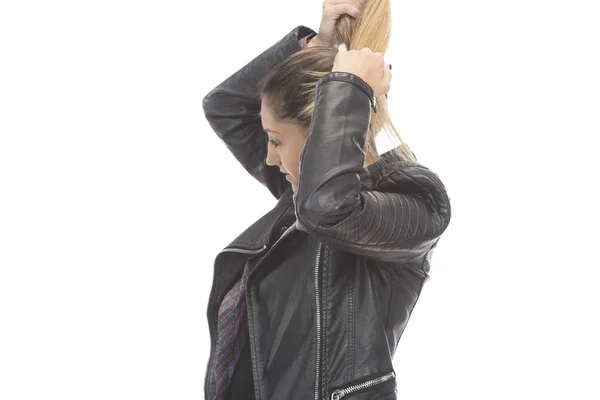 Stylish Blonde Woman Leather Jacket Posing Studio Isolated White Background — Stock Photo, Image