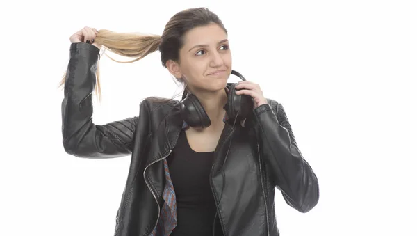Frau Mit Kopfhörer Isoliert Auf Weißem Hintergrund — Stockfoto