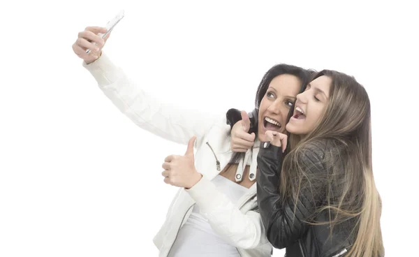 Hermosa Madre Hija Tomando Selfie Aislado Sobre Fondo Blanco —  Fotos de Stock