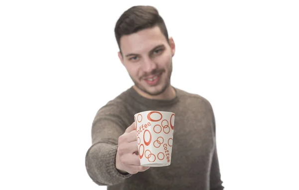 Jeune Homme Avec Une Tasse Studio Blanc — Photo