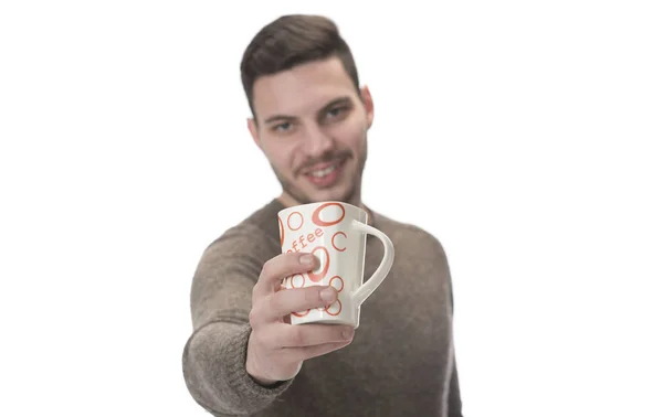 Joven Con Una Taza Estudio Blanco — Foto de Stock