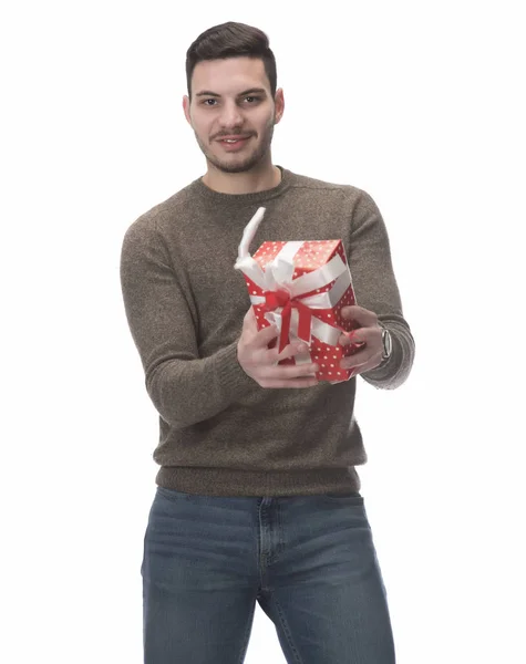 Jeune Homme Beau Avec Boîte Cadeau Isolé Sur Fond Blanc — Photo