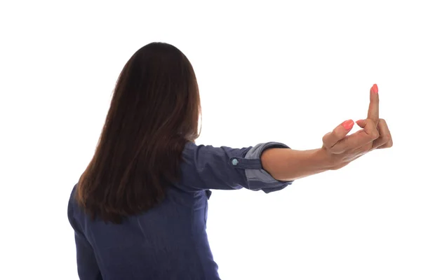 uzun saçlı kadın orta parmak gösterilen onu geri döndü. Beyaz arka plan üzerinde izole
