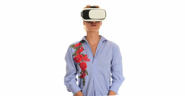 Mulher Com Óculos Realidade Virtual Conceito Tecnologia Futura — Fotografia de Stock