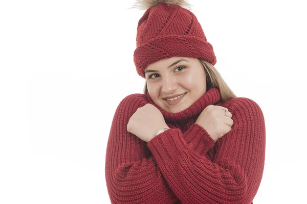 Vackra Leende Flicka Varm Röd Tröja Och Röd Hatt — Stockfoto
