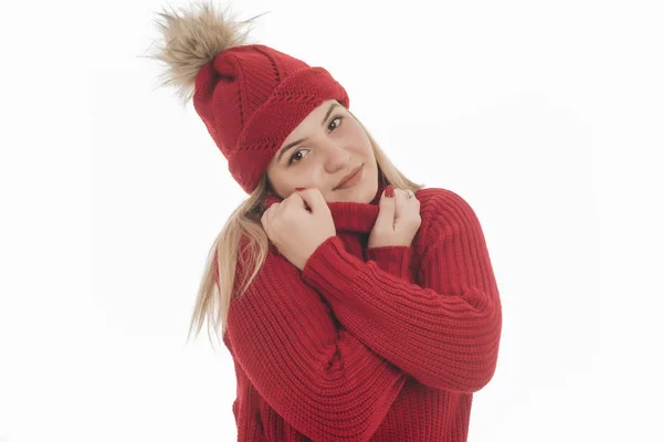 Menina Sorridente Bonita Suéter Vermelho Quente Chapéu Vermelho — Fotografia de Stock