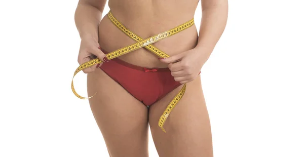 Overgewicht Vrouw Met Meetlint Geïsoleerd Witte Achtergrond — Stockfoto