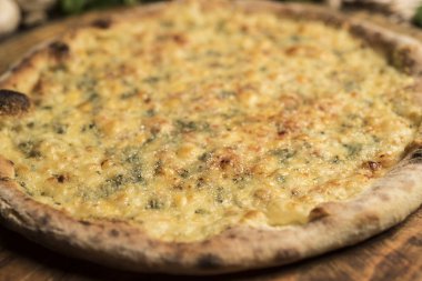 Eritilmiş peynir, İtalyan otlar ve domates sos ve taze fesleğen taze pişmiş pizza. Seçici odak