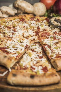 Eritilmiş peynir, İtalyan otlar ve domates sos ve taze fesleğen taze pişmiş pizza. Seçici odak