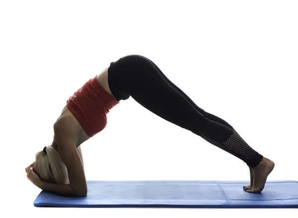Yoga Konceptet Kvinnan Gör Yoga Blå Yoga Pad — Stockfoto