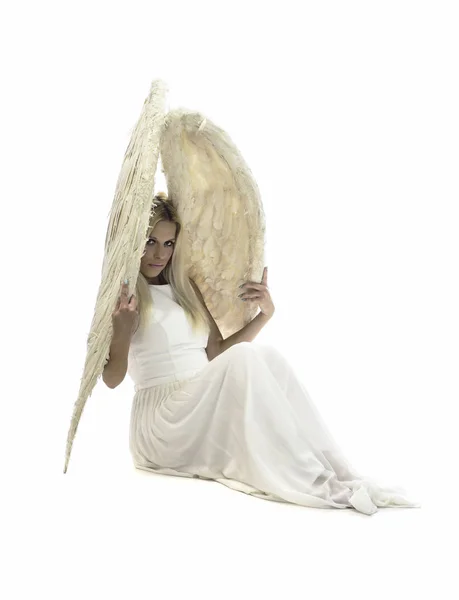 Krásný Mladý Model Velkým Andělskými Křídly Sedící Ateliéru Bílé Pozadí — Stock fotografie