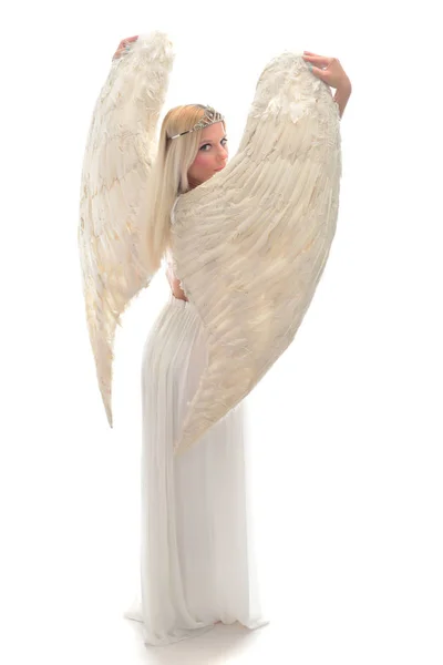 Beautiful Young Model Big Angel Wings Sitting Studio White Background — Stock Photo, Image