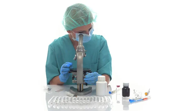Scientifique Gants Médicaux Bleus Échantillons Apprentissage Uniformes Microscope Laboratoire — Photo