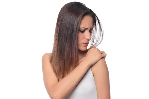 Young Brunette Has Shoulder Pain — Stock Photo, Image