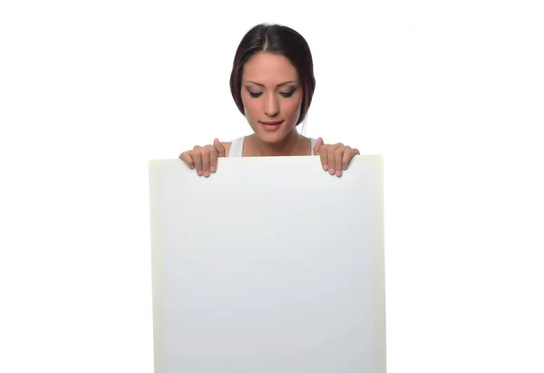 Portrait Young Beautiful Woman Holding White Blank Sheet Isolated White — Stock Photo, Image