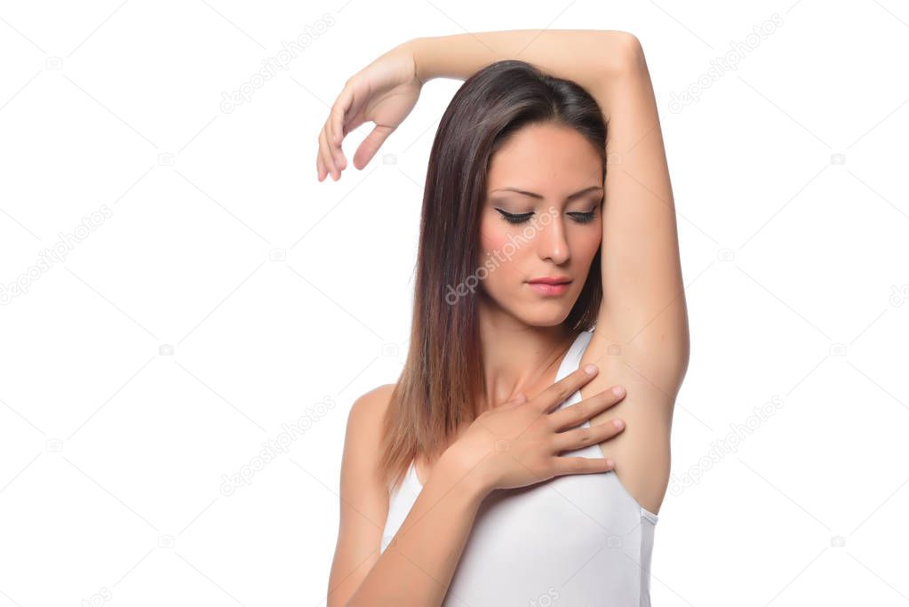 woman care of armpit, isolated on white background