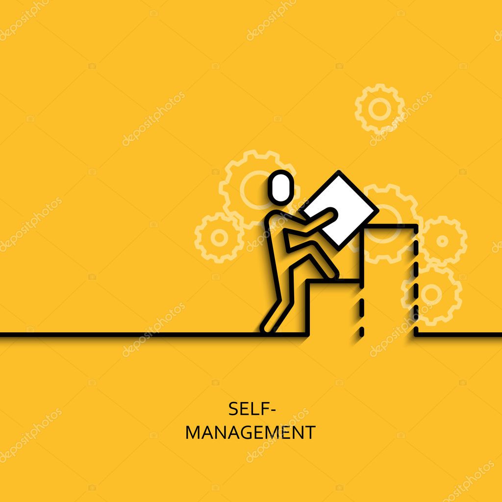 Vector business illustration in linear style with a picture of self-management as man builds a graph on yellow background poster or banner template.