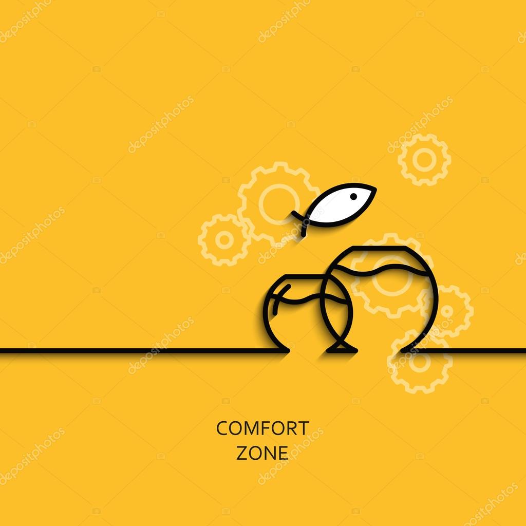 Vector business illustration in linear style with a picture of comfort zone as aquarium on yellow background poster or banner template.