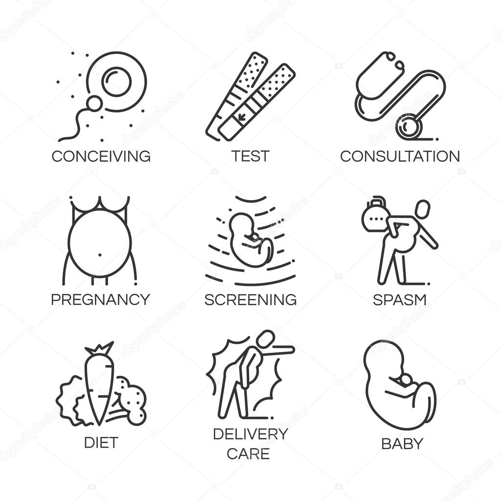 Outline symbol collection. Black line icons set of stages pregnancy, tips for pregnant women. Stroke vector logo concept medical consultation for web graphics. Simple mono linear pictogram pack.