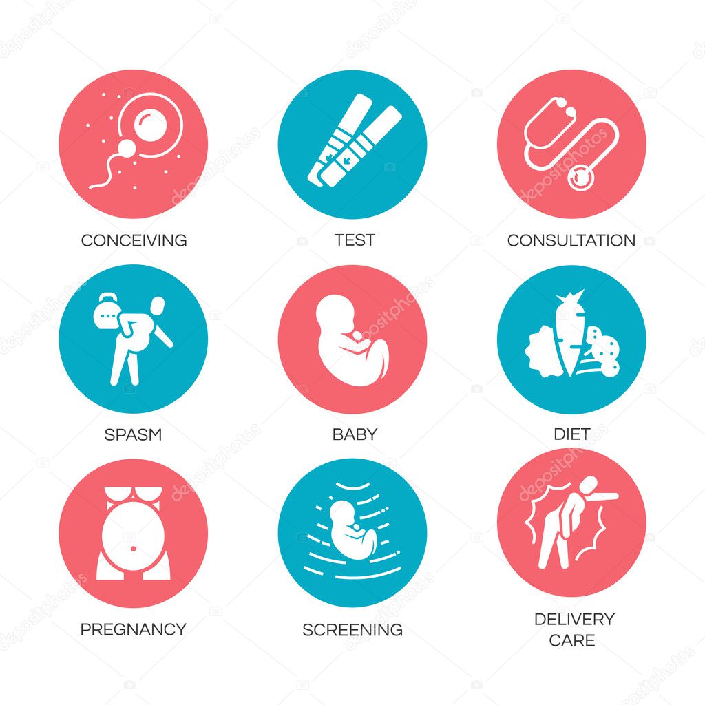 Outline symbol collection. Red, blue shape icons in the circle set of stages pregnancy, tips for pregnant women. Vector concept medical consultation for web graphics. Simple mono flat pictogram pack.