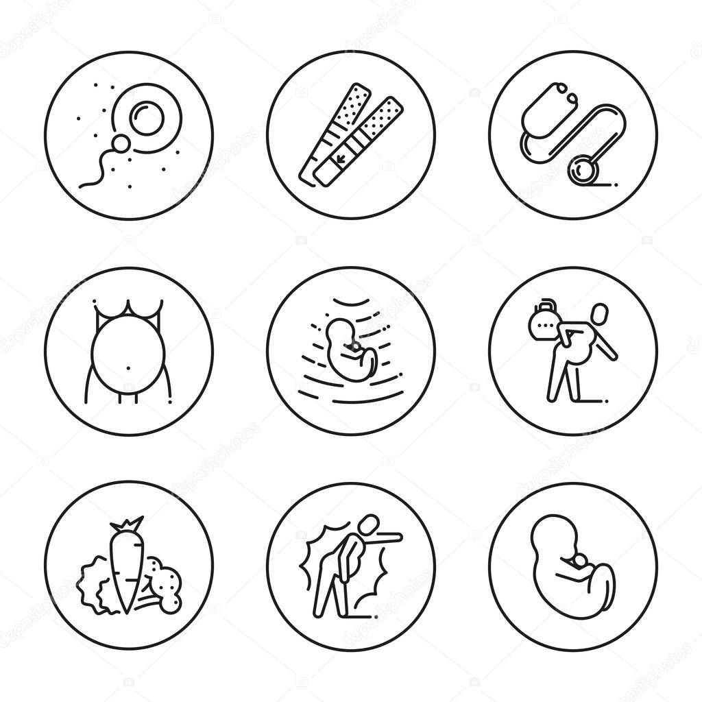 Outline symbol collection. Black line icons in the circle set of stages pregnancy tips for pregnant women. Stroke vector logo concept medical consultation for web graphics. Mono linear pictogram pack.