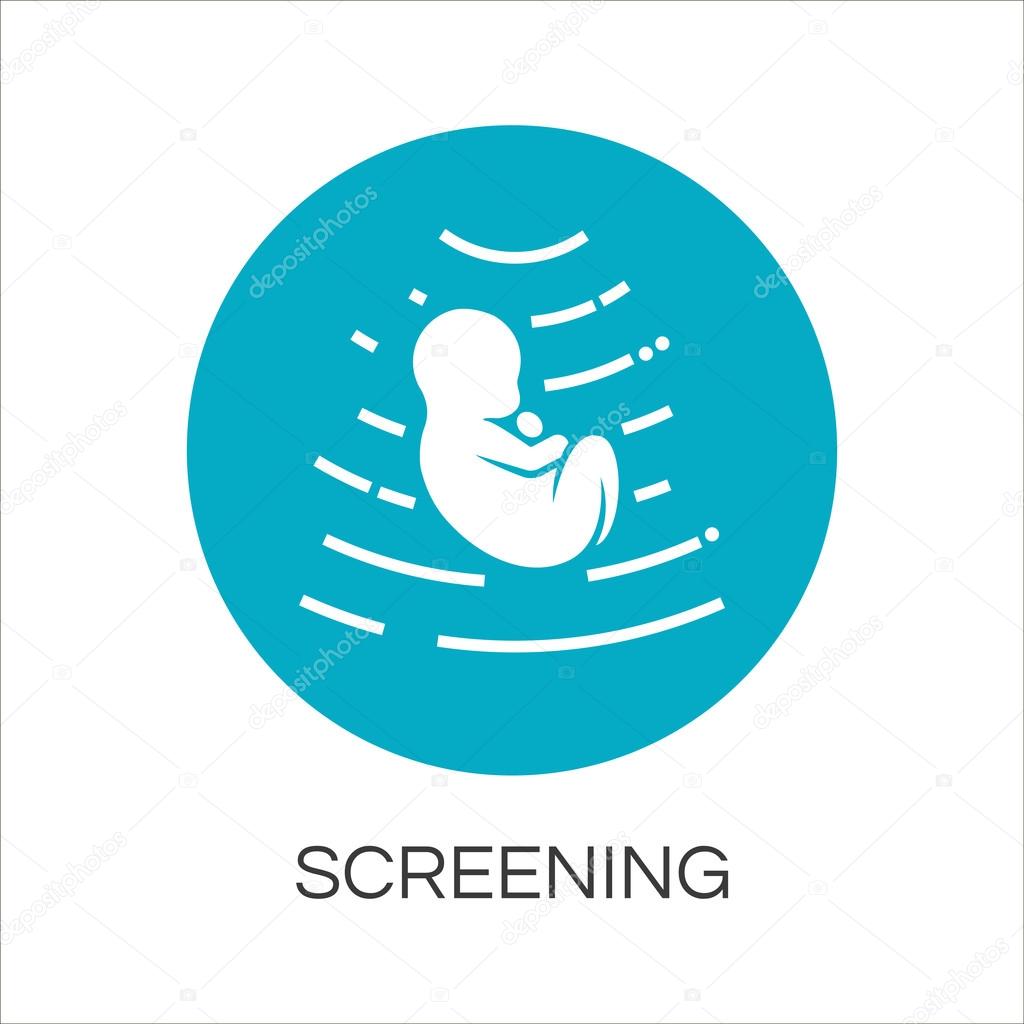 Icon screening baby in womb drawn in flat style. Simple blue label. Concept of perinatal medicine and newborn. Image for websites, mobile apps and other design needs. Vector contour graphics