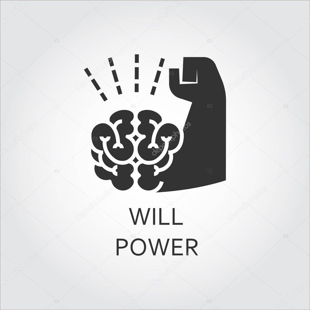 Label of willpower, self-control as brain and muscle hand. Simple black icon. Logo drawn in flat style. Black shape pictograph for your design needs. Vector contour silhouette on white background.