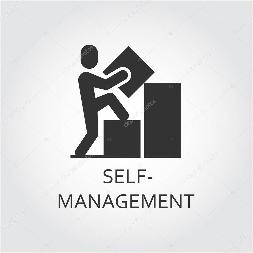 Label of self-management as man builds a graph and goes to top. Simple black icon Logo drawn in flat style. Black shape pictograph for your design needs. Vector contour silhouette on white background.