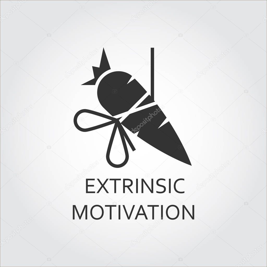 Extrinsic motivation, bait, lure as carrot on a rope. Simple black icon. Logo drawn in flat style. Black shape pictograph for your design needs. Vector contour silhouette on white background.