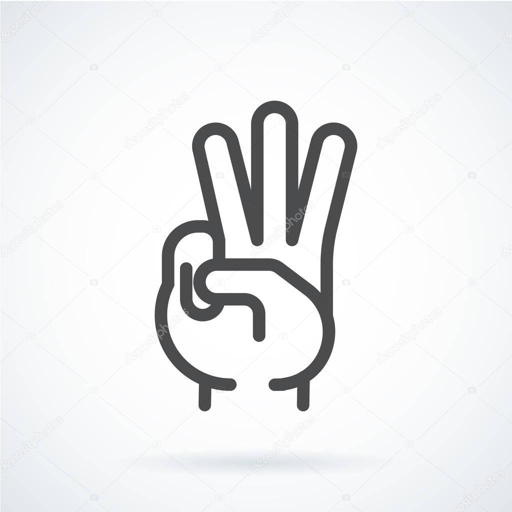 Black flat simple icon style line art. Outline symbol with stylized image of a gesture hand of a human three fingers, trio . Stroke vector logo mono linear pictogram web graphics. On a gray background