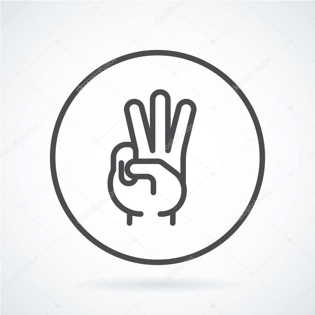 Black flat simple icon style line art. Outline symbol with stylized image of a gesture hand of a human three fingers, trio in circumference . Stroke vector logo mono linear pictogram web graphics.