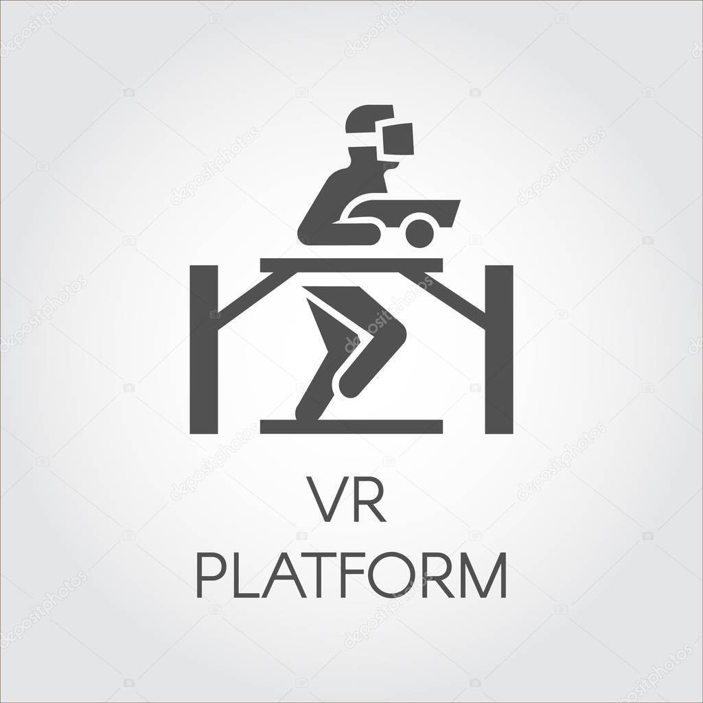 Simple icon in flat design of technology device game virtual reality. Vector logo of man in VR helmet gaming on platform. Cyberspace, simulation, interactive concept for your design projects