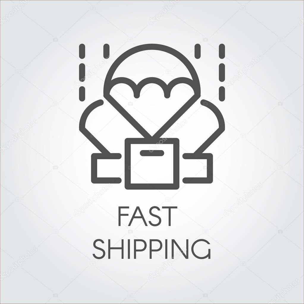 Icon drawn in linear style of parachuting box. Delivery and fast shipping concept
