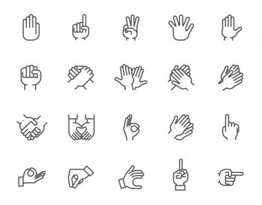 İnsan el ile farklı işaretlere kalın çizgi Icon set. 20 mono doğrusal web grafik sembollerin