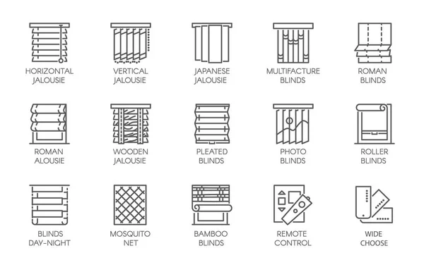 15 iconos de línea de varios diseños de cortinas, persianas, jalousie, mosquiteros y control remoto. Gran conjunto vectorial de etiquetas de contorno aisladas sobre un fondo blanco — Vector de stock