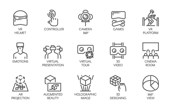 Gran conjunto de iconos de línea de realidad aumentada digital AR tecnología de futuro. 15 etiquetas vectoriales aisladas sobre un fondo blanco. Símbolos de modelado virtual, simulación, video 3d, presentación y otros — Vector de stock