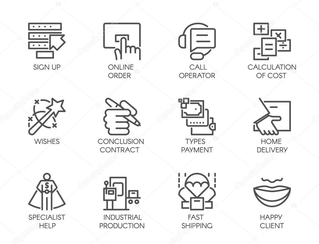 Big vector set of 12 icons in linear style of business, online orders and payments, fast delivery, high customer service symbols. Vector labels isolated on a white background