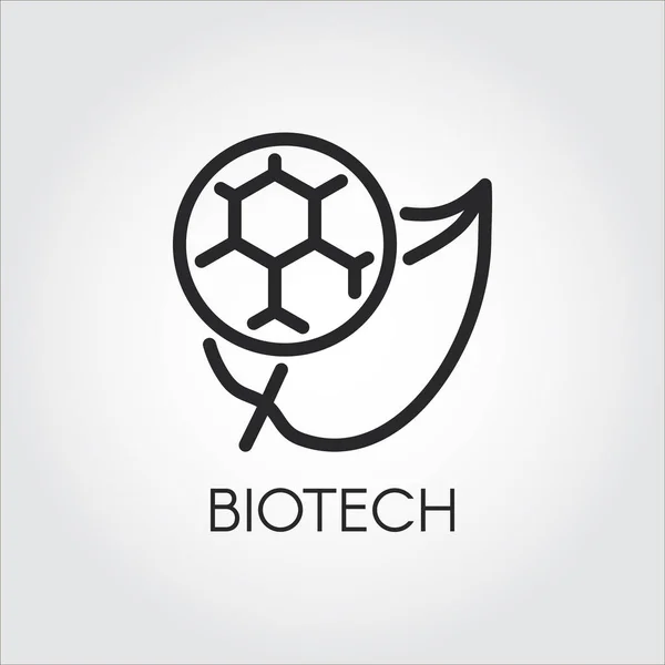 Ícone de linha de folha e molécula simbolizando biotecnologia. Simplicidade emblema preto do conceito de biotecnologia. Conectando ciência, natureza e química molecular tema. Logotipo do vector —  Vetores de Stock