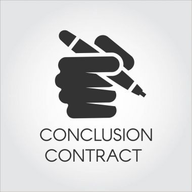 Black icon of human hand holding pen. Conclusion contract, signing documents, approving business transaction concept clipart