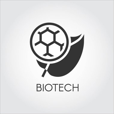 Yaprak ve modern biyoteknoloji simgeleyen molekül siyah düz simgesi. Biyoteknoloji kavramının basitlik etiket. Bilim, doğa ve moleküler kimya Tema bağlanma. Vektör logosu
