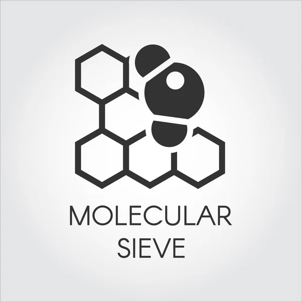 Icono plano negro del concepto de tamiz molecular. Etiquetas de la serie de fórmulas y compuestos químicos. Ilustración vectorial — Vector de stock