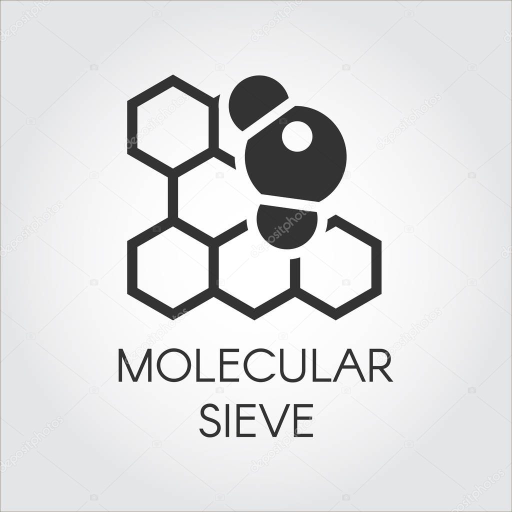 Black flat icon of molecular sieve concept. Series labels of chemical formulas and compounds. Vector illustration