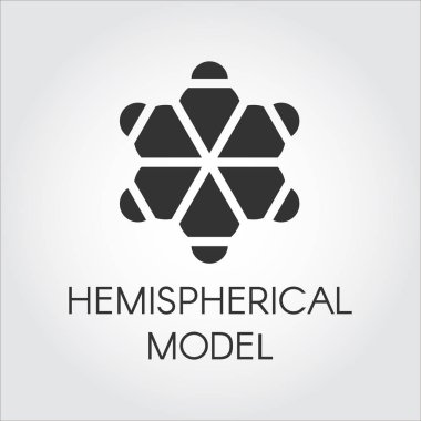 Hemisferik model siyah düz simgesi. Ekibimizi kimyasal serisi. Yarım küre moleküler etiket. Vektör logosu