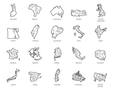 Farklı ülkelerin - İngiltere, Amerika, Asya, Avrupa lineer tarzda 20 haritaların seti. Atlas, haritacılık, eğitim projeleri, makale için izole simge anahat, seyahat siteleri ve diğer tasarım ihtiyaçlarını