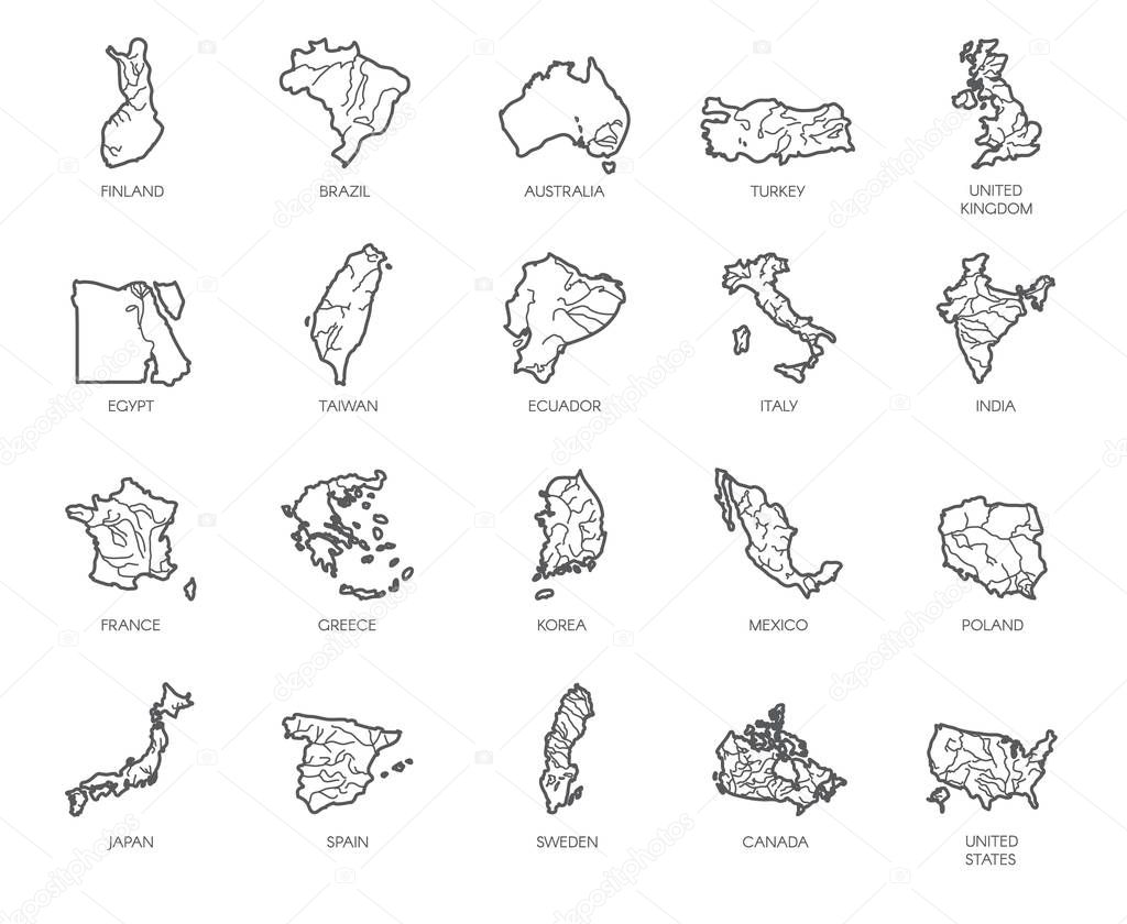 Set of 20 maps in linear style of different countries - England, America, Asia, Europe. Outline icon for atlas, cartography, education projects, article, travel sites and other design needs. Vector
