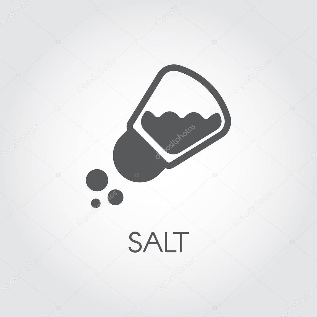 Salt shaker seasoning icon in flat design. Pictogram for food cooking theme. Simple emblem of spice. Vector illustration on a gray background