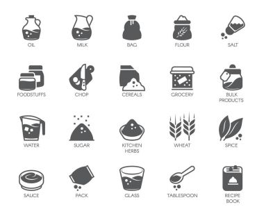 Aşçılık tema üzerinde 20 düz simgeler kümesi. Yemek ve mutfak aksesuarları için malzemeler. Çeşitli yemek tarifleri, yemek kitapları, mutfak siteleri, mağazalar ve diğer projeler için logo. Vektör çizim