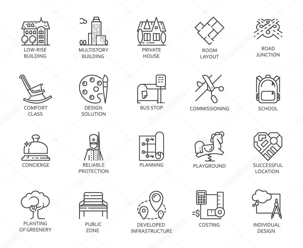 Vector set of 20 linear icons of city infrastructure. Pictogram in linear style for advertising and real estate projects, designation of public areas. Graphic contour logo isolated on white background