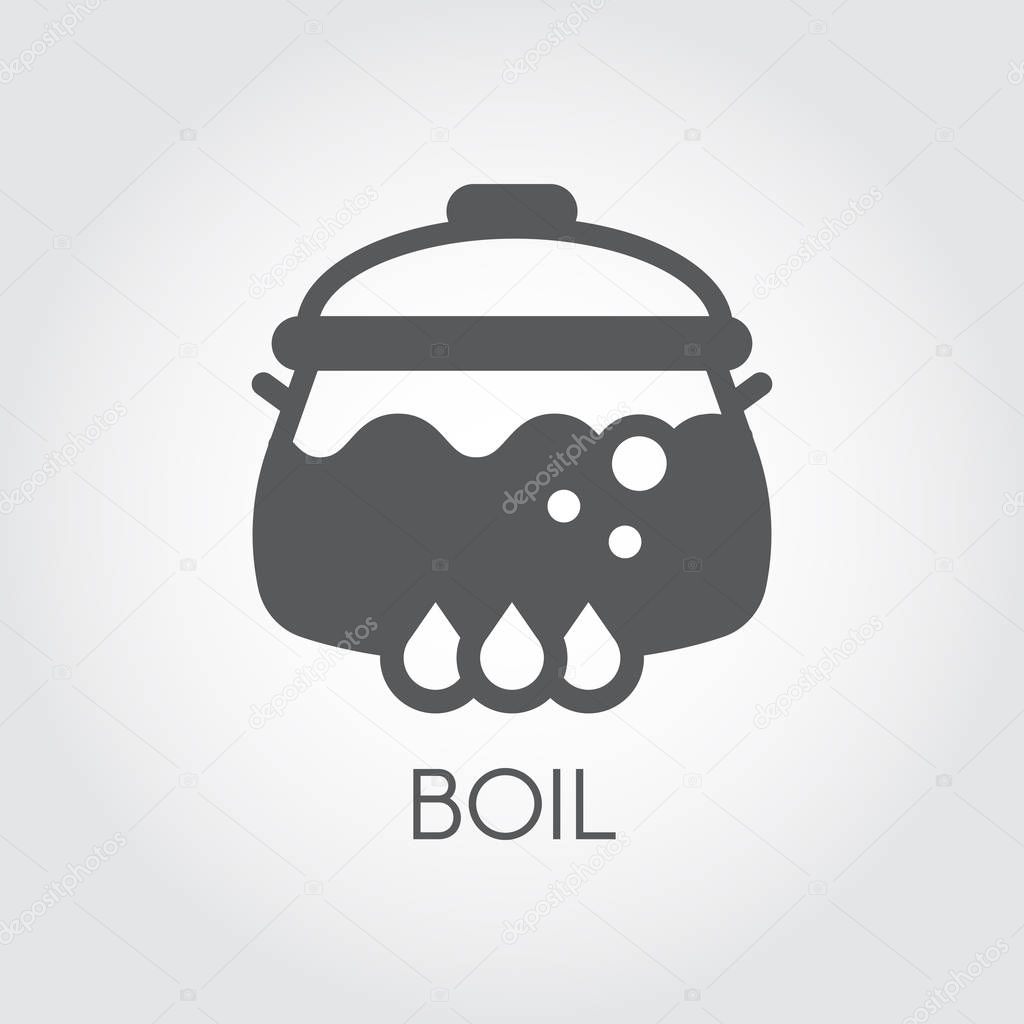 Boiling pot with food on stove. Black icon of hot meal in flat design. Culinary theme. Graphic symbol for different gastronomic projects. Vector illustration